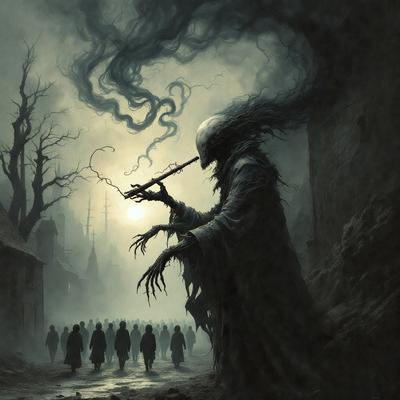 The primary subject of the image is a person holding a pipe, possibly a flute, in a dark and eerie setting. The person appears to be a skeleton or a demon, and they are surrounded by a group of people who seem to be walking away from them. The setting is a dark alley with a building in the background. The visual style of the image is a combination of digital art and illustration, creating a moody and mysterious atmosphere. The dominant colors are dark shades, such as black, grey, and